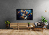 A framed floral blue, gold, and white hanging.