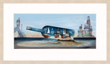 A framed horizontal canvas print featuring a whimsical painting of a message bottle floating on water, with miniature houses and boats inside, set against a coastal background with lighthouses.