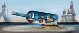 A stylized coastal scene with a large blue bottle floating on sand, sealed with a sailboat and miniature houses inside. The background shows sea stacks, lighthouses, and a pale sky.