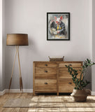 Wooden dresser with a lamp, plant, and framed artwork in a room. Boid artwork of pig in room setting