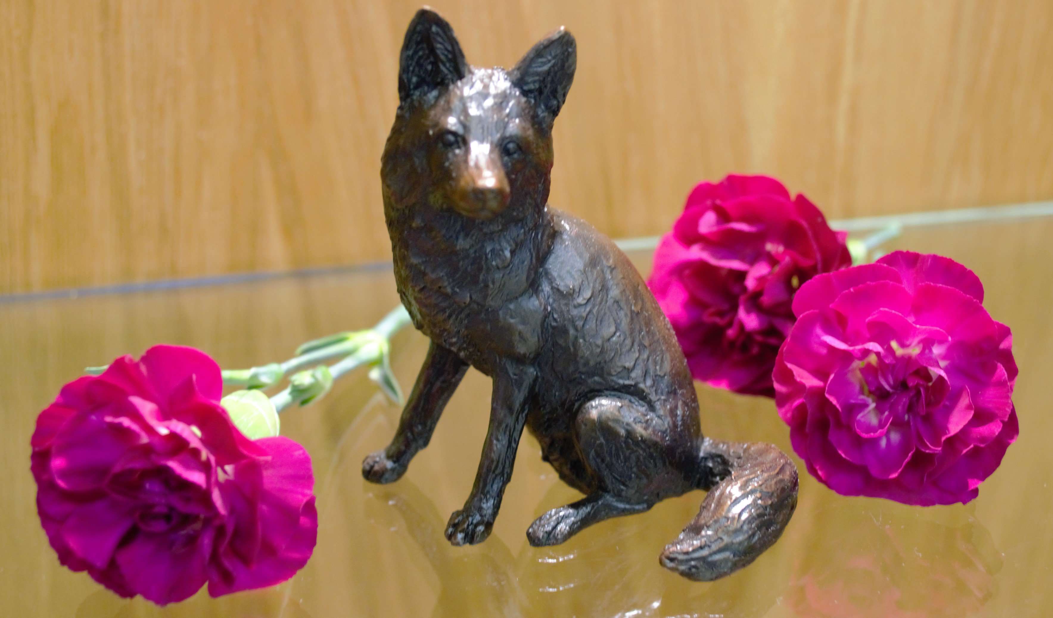Fox sitting bronze sculpture in the gallery