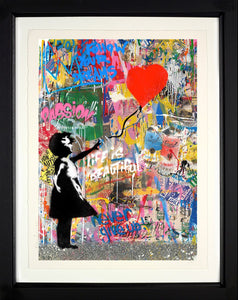 Mr Brainwash Reach for Love Girl with red balloon framed in black moulding